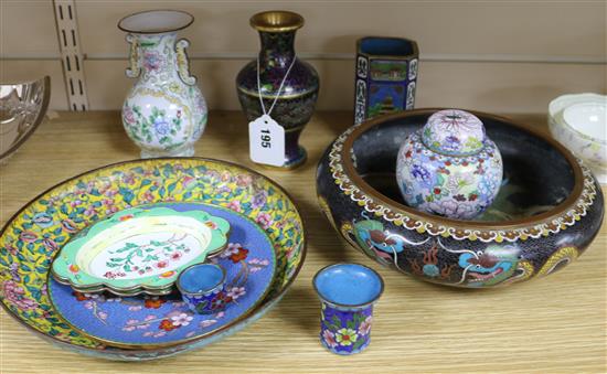 An 18th century enamel bowl and mixed enamel cloisonne wares largest diameter 25.5cm